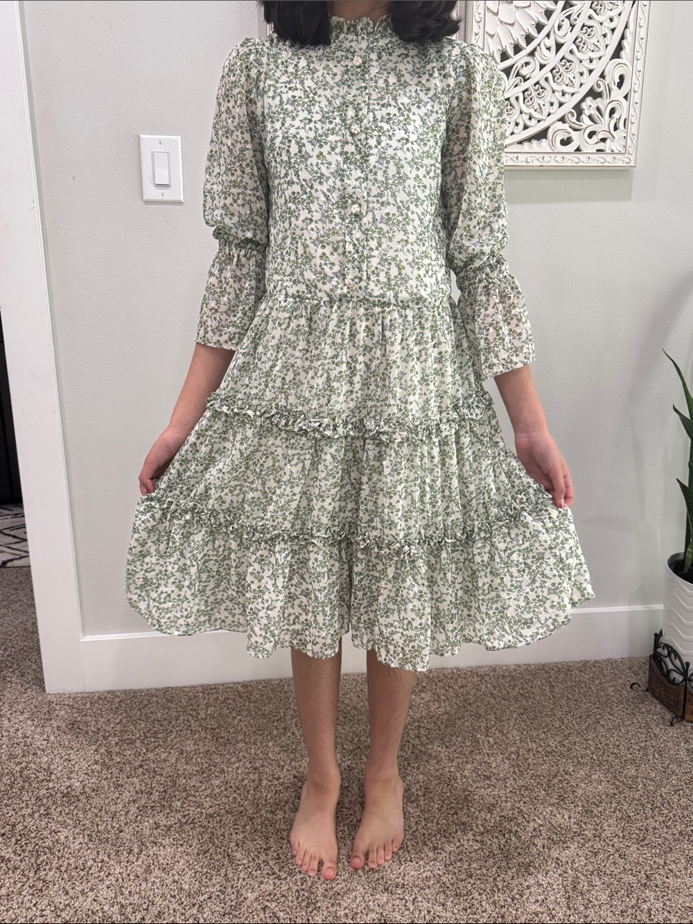 Sage green Floral Tiered Ruffle Midi Dress